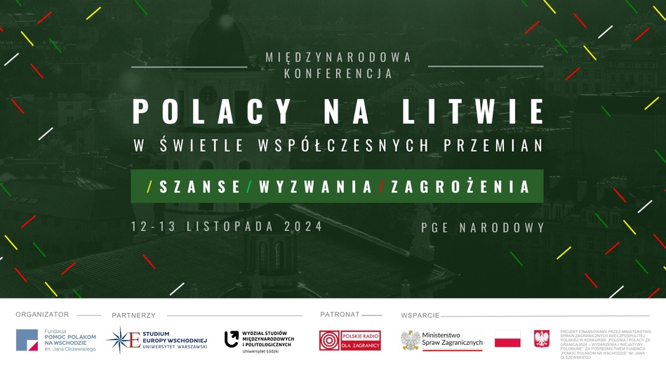 plakat informacyjny na temat konferencji, białe litery na zielonym tle