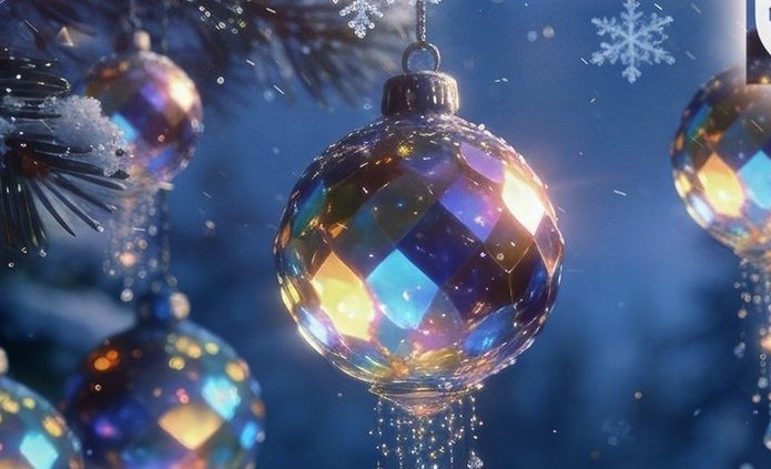 Kartka świąteczna Wydziału Studiów Międzynarodowych i Politologicznych Uniwersytetu Łódzkiego. Przedstawia kolorowe, błyszczące bombki zawieszone na ośnieżonej gałęzi sosny, z płatkami śniegu i wstążkami w tle. Na dole widnieją życzenia świąteczne od dziekana dr. hab. Ryszarda Machnikowskiego, prof. UŁ, oraz logo wydziału.