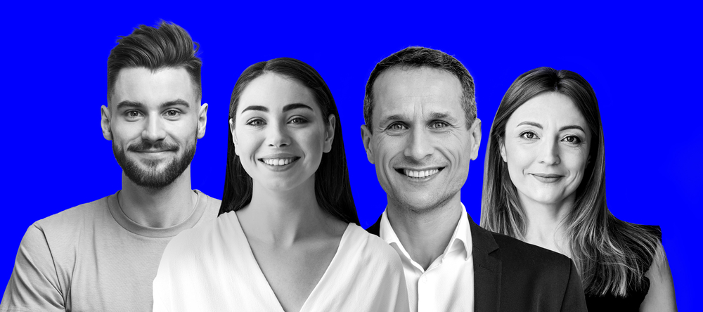 faces of young people on a blue background